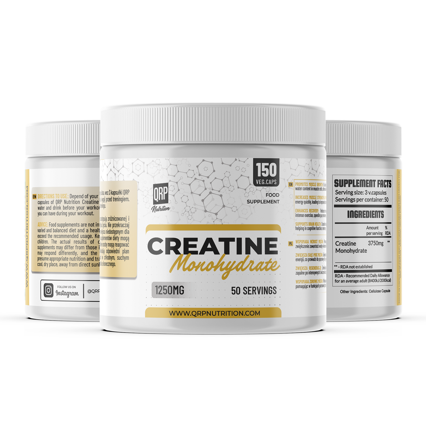 QRP Nutrition Creatine Monohydrate 1250mg (150/300capsules) image 1