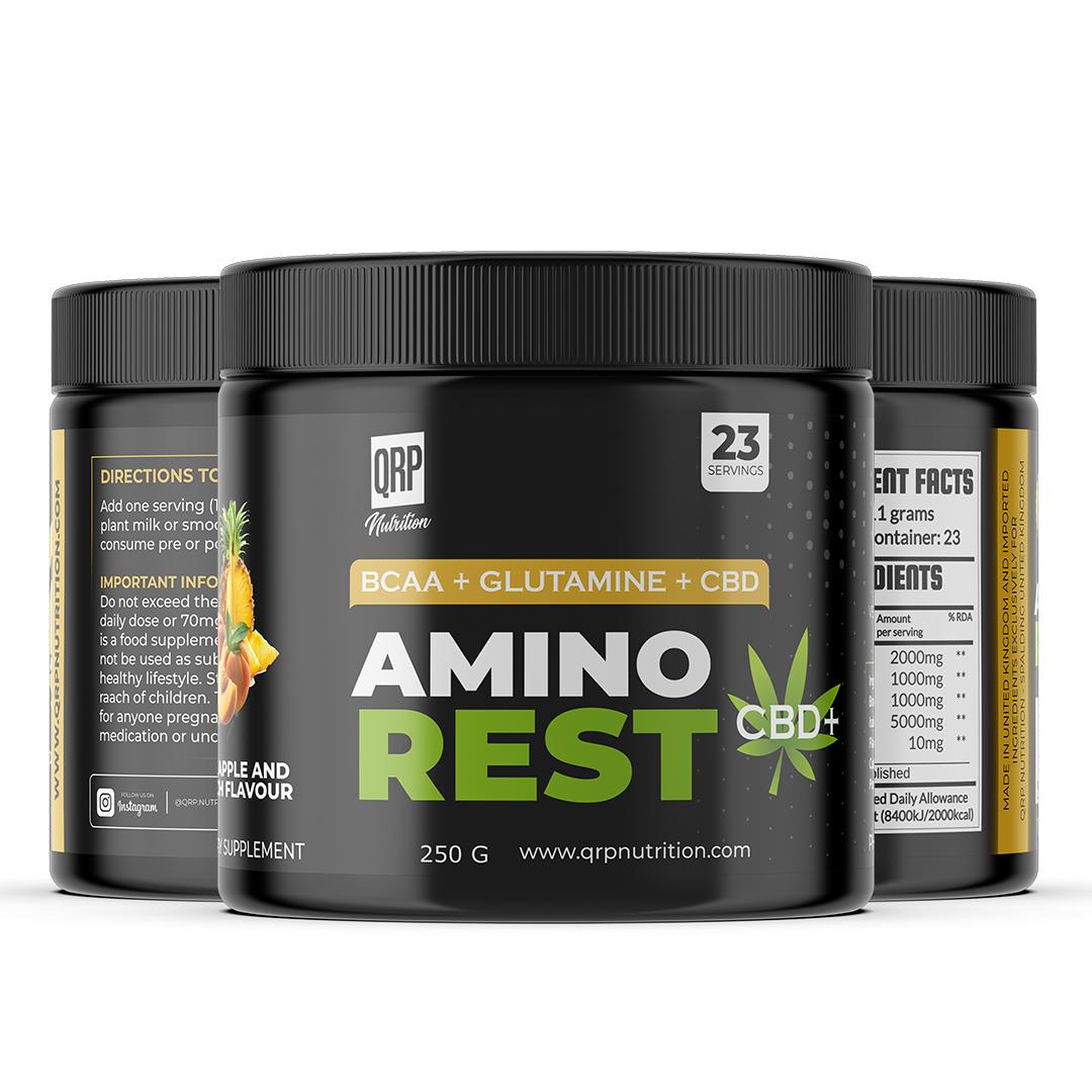 Three containers of QRP Nutrition Amino Rest CBD supplement on a white background