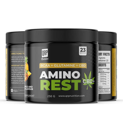 Three containers of QRP Nutrition Amino Rest CBD supplement on a white background