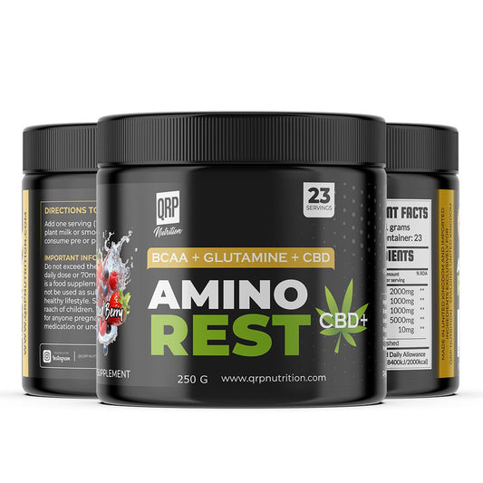 Three containers of Amino Rest CBD supplement with visible branding on a white background
