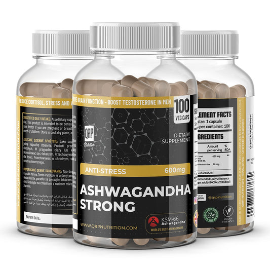 Three bottles of Ashwagandha Strong dietary supplements on a white background