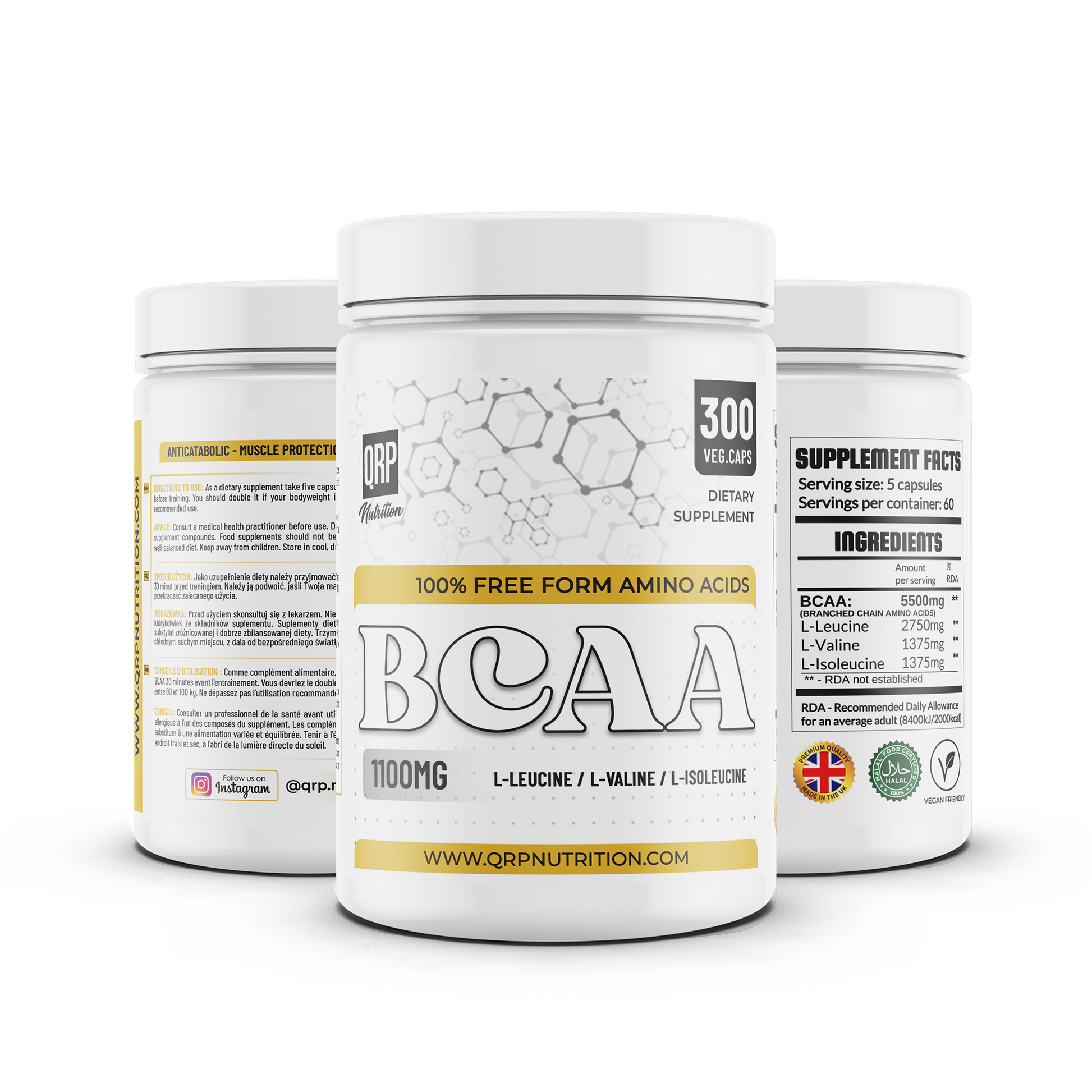 QRP Nutrition BCAA 300 capsules, label three sides
