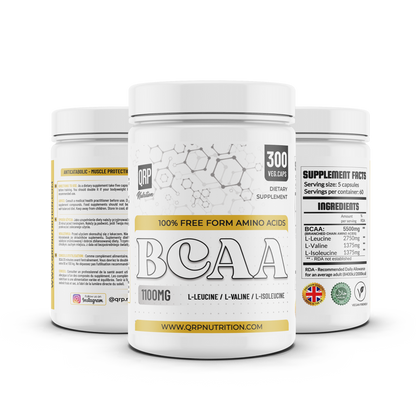 QRP Nutrition BCAA 300 capsules, label three sides