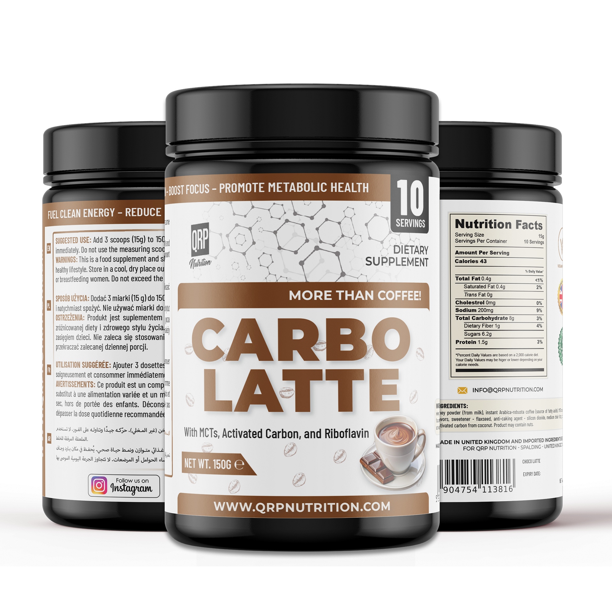 Three bottles of Carbo Latte supplement on a white background