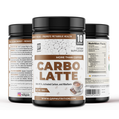 Three bottles of Carbo Latte supplement on a white background