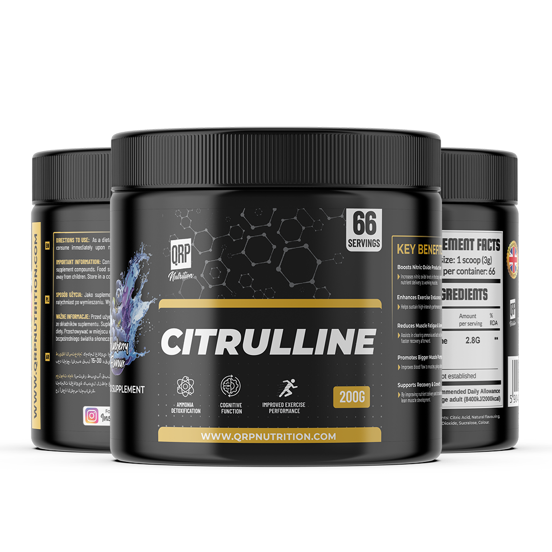 Black supplement container labeled 'Citrulline' with QRP Nutrition branding on a white background.