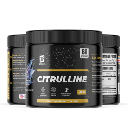 Black supplement container labeled 'Citrulline' with QRP Nutrition branding on a white background.