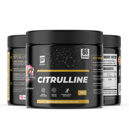 Three containers of QRP Nutrition Citrulline supplement on a white background
