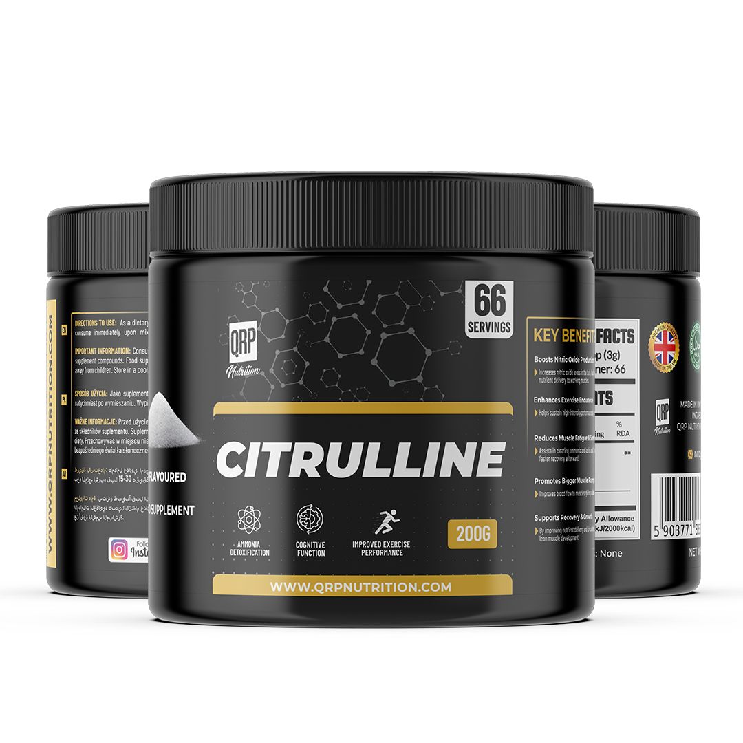 Black supplement container labeled 'Citrulline' with QRP Nutrition branding on a white background.
