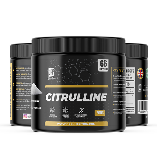 Black supplement container labeled 'Citrulline' with QRP Nutrition branding on a white background.