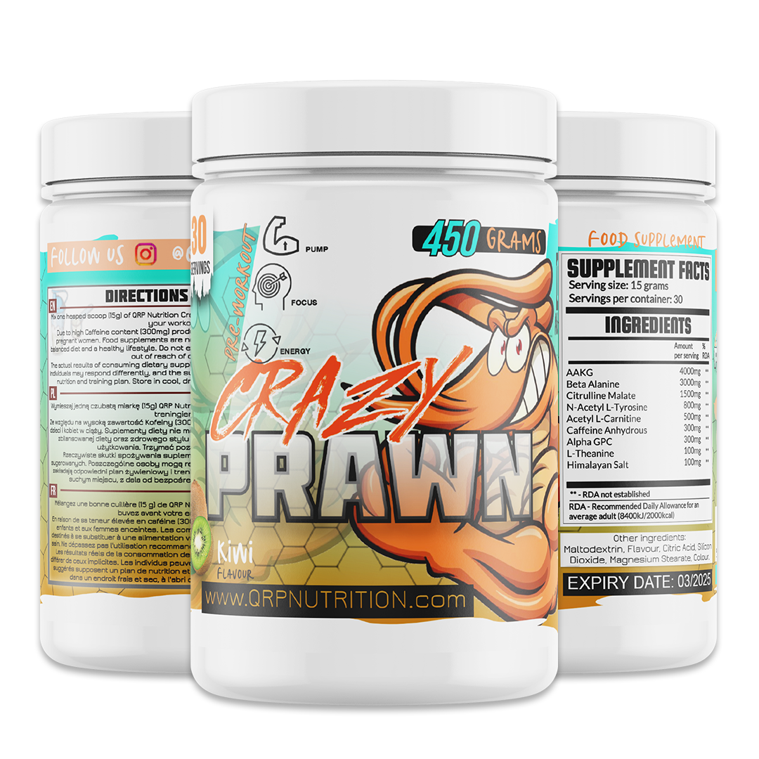 Crazy Prawn supplement container with branding and nutritional information on a white background