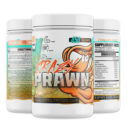 Crazy Prawn supplement container with branding and nutritional information on a white background