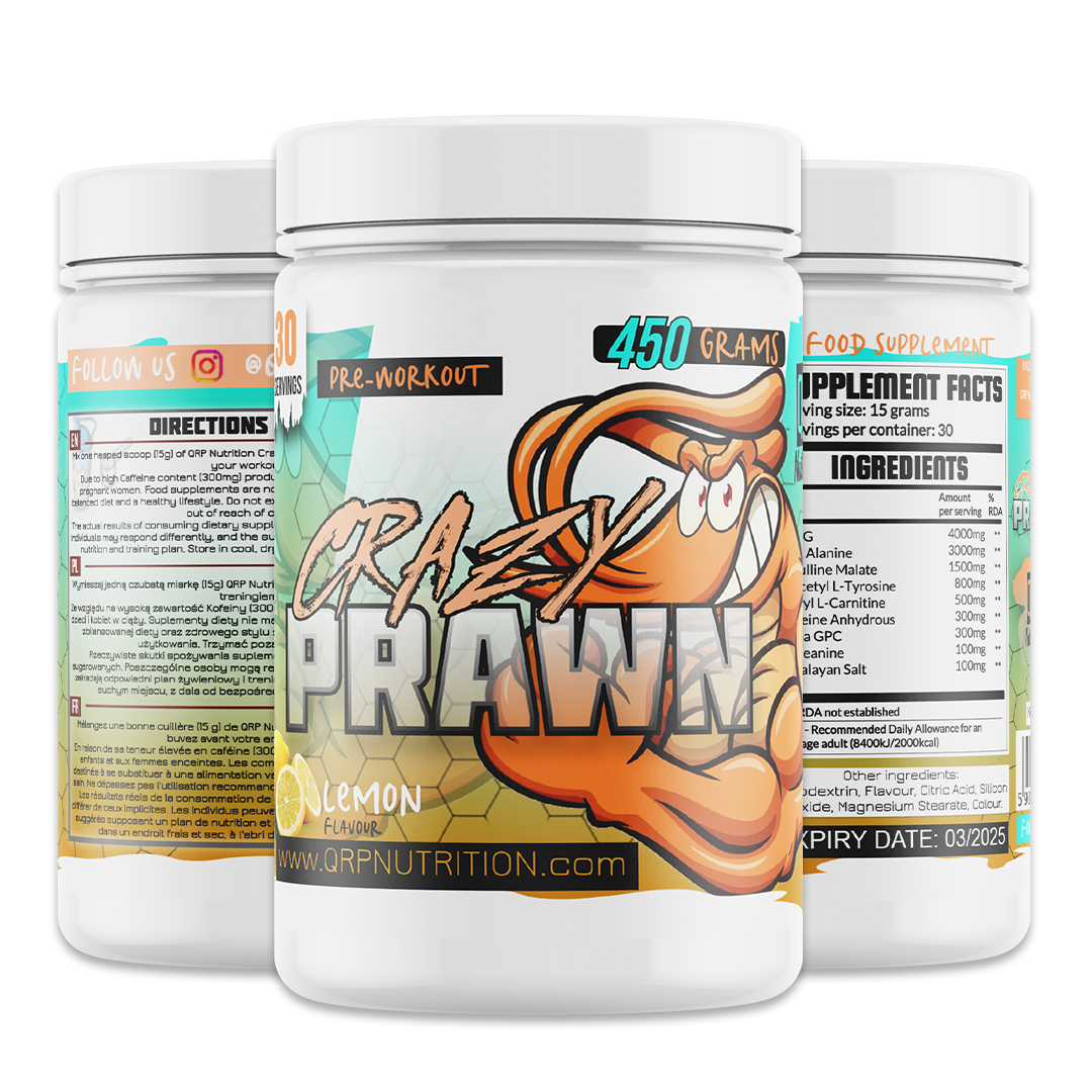 Crazy Prawn pre-workout supplement container with branding and nutritional information.