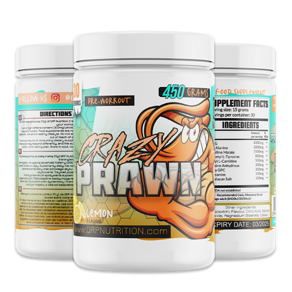 Crazy Prawn pre-workout supplement container with branding and nutritional information.