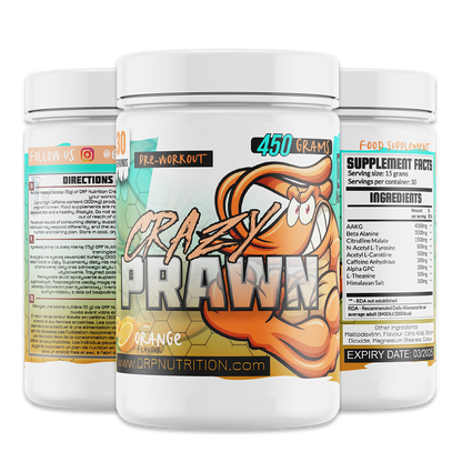 Pre-workout supplement container with 'Crazy Piranha' branding on a white background