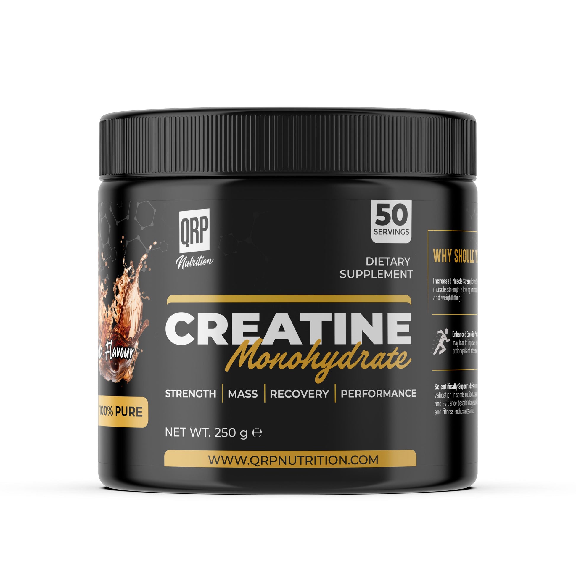 Black supplement container labeled 'Creatine Monohydrate' by QRP Nutrition on a white background.