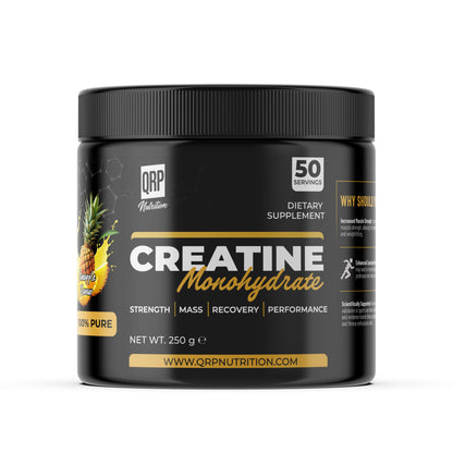 Black supplement container labeled 'Creatine Monohydrate' with a pineapple graphic on a white background