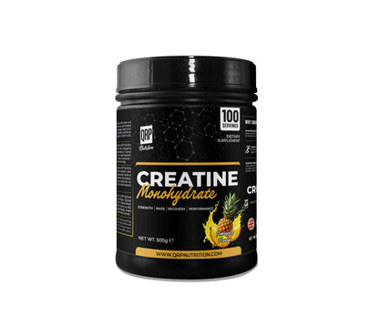 Black supplement container labeled 'Creatine Monohydrate' with a pineapple graphic on a white background