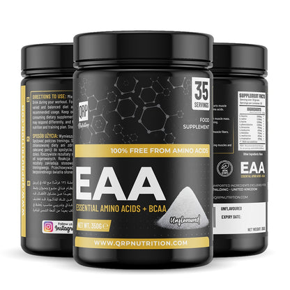Three bottles of EAA (Essential Amino Acids + BCAA) supplement on a white background