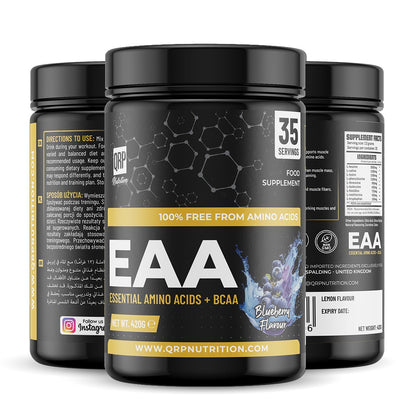 Three bottles of EAA (Essential Amino Acids + BCAA) supplement on a white background