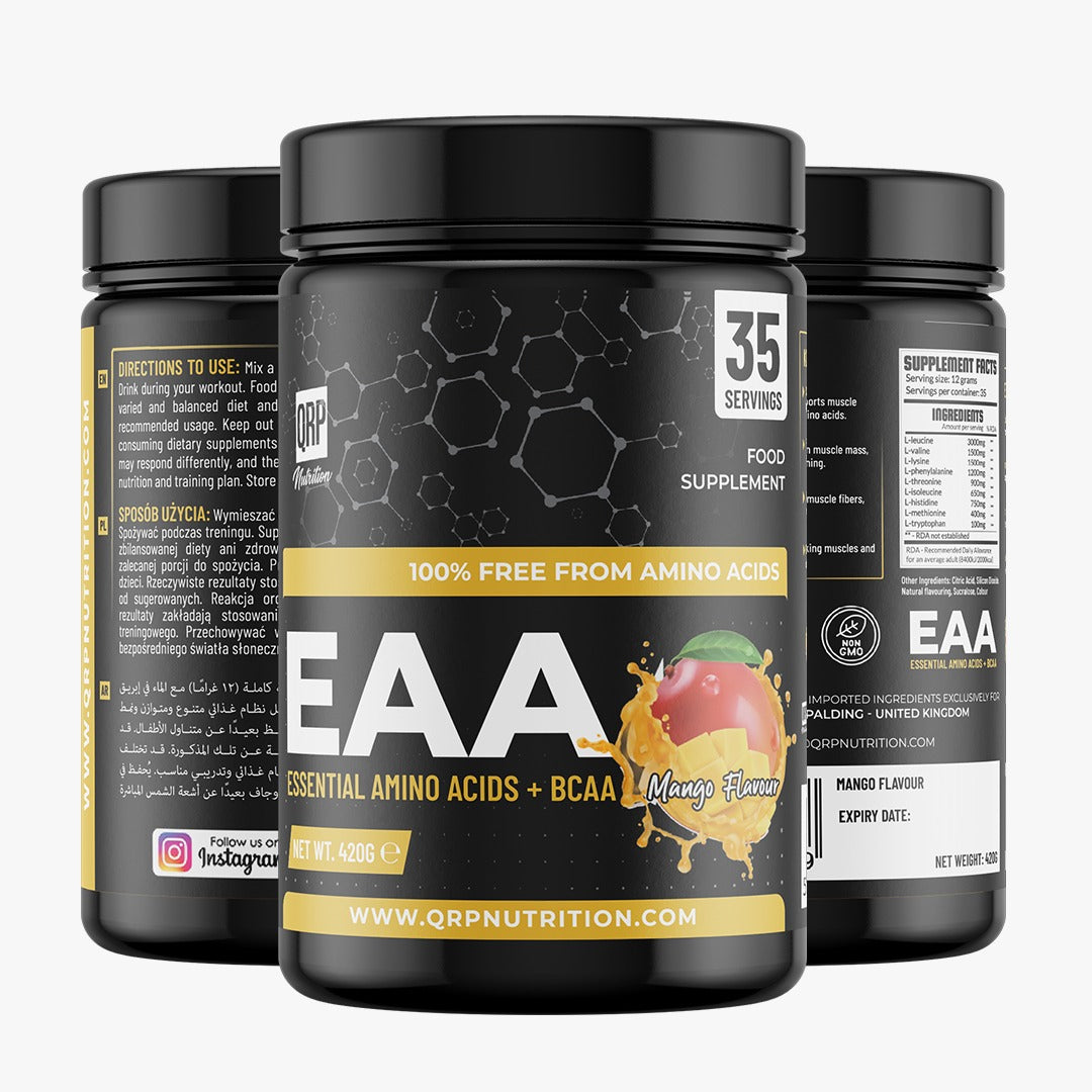 Black supplement bottle labeled 'EAA' with a mango flavor on a white background