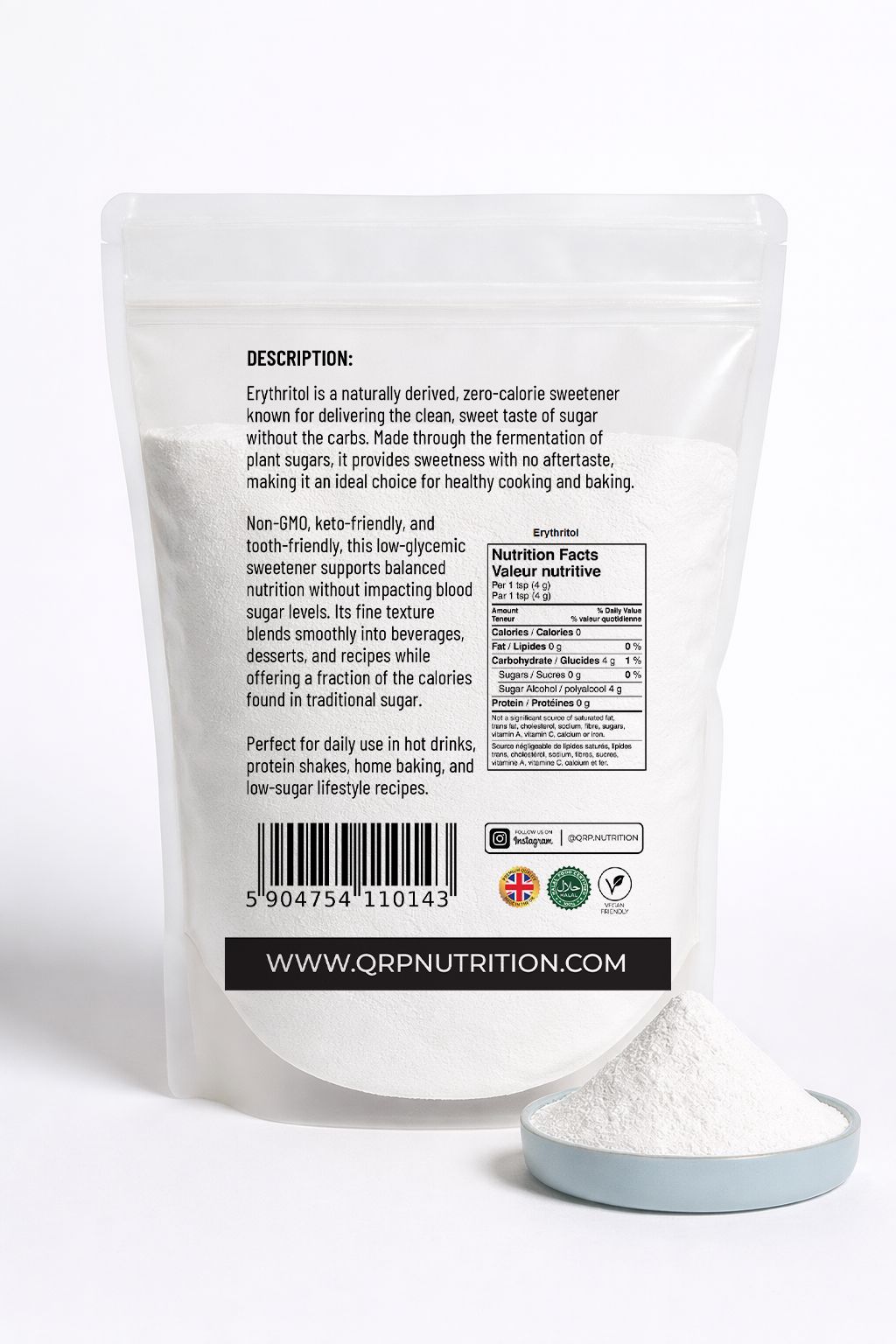 White packaging of a nutritional supplement with text and QR code on a white background