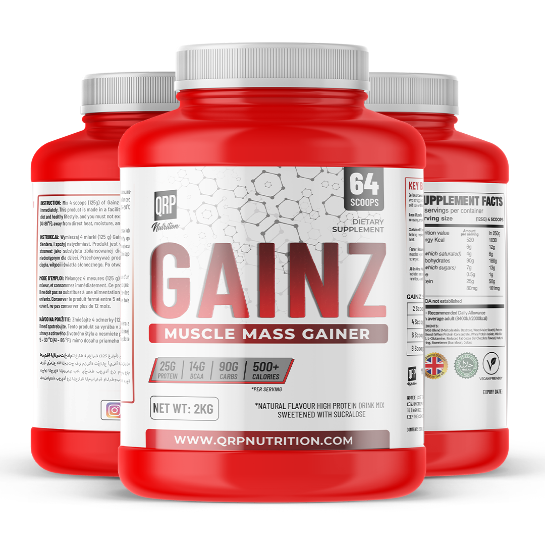 Red and white supplement container labeled 'GAINZ Muscle Mass Gainer' on a white background