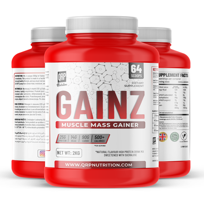 Red and white supplement container labeled 'GAINZ Muscle Mass Gainer' on a white background