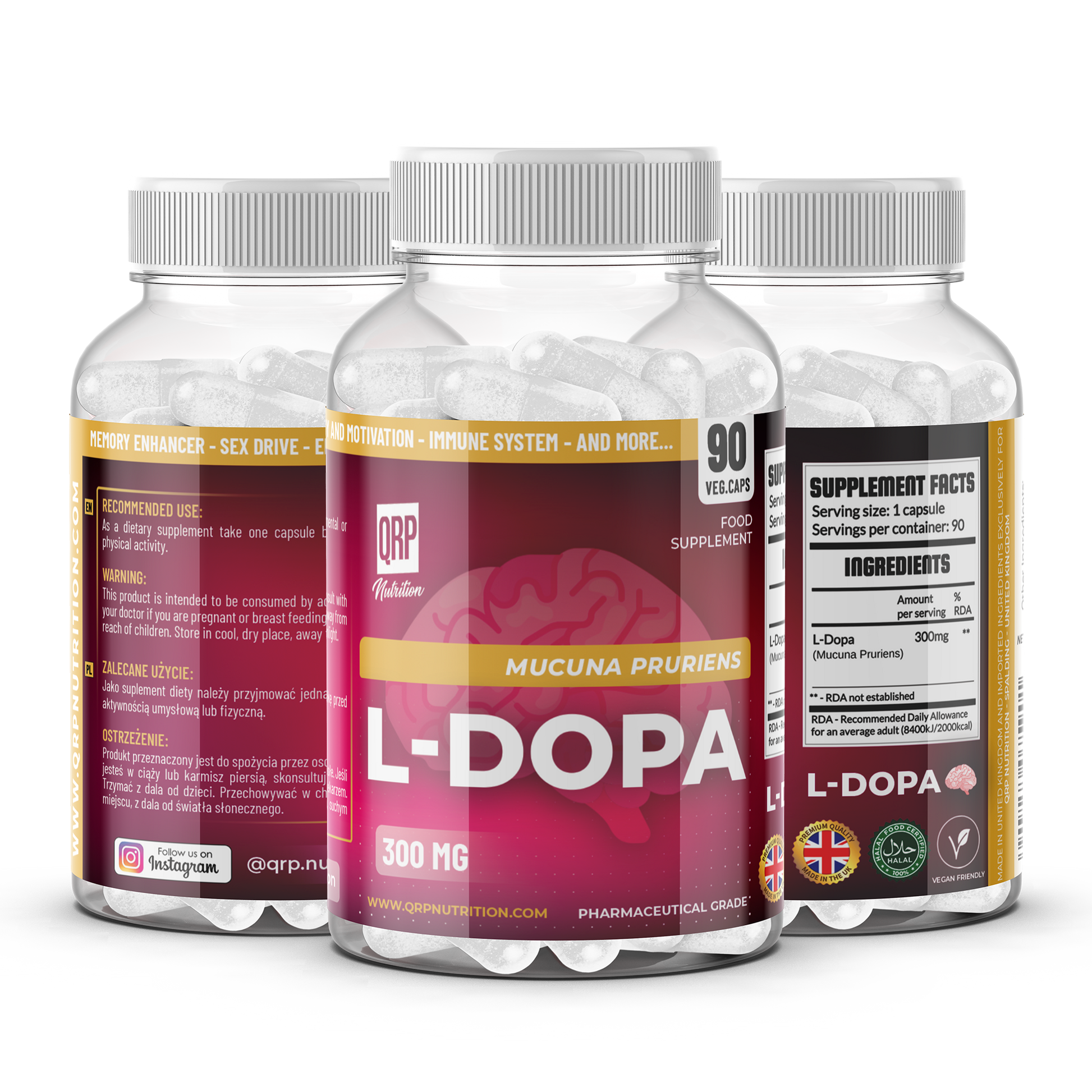 QRP Nutrition L-Dopa Mucuna Pruriens (90caps) image mockup trio