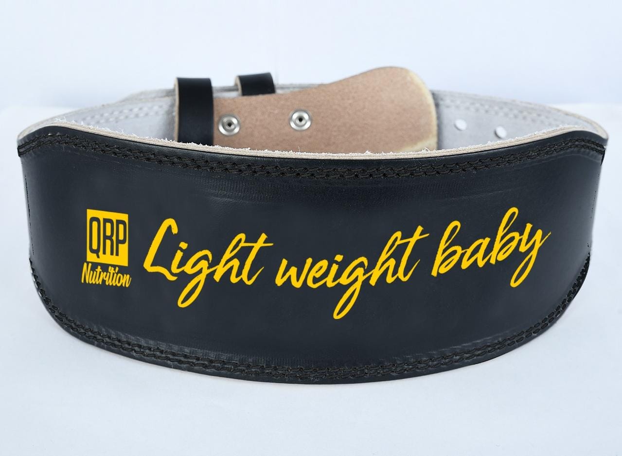 Black weightlifting belt with 'ORP Nutrition' logo and 'Light weight baby' text on a white background
