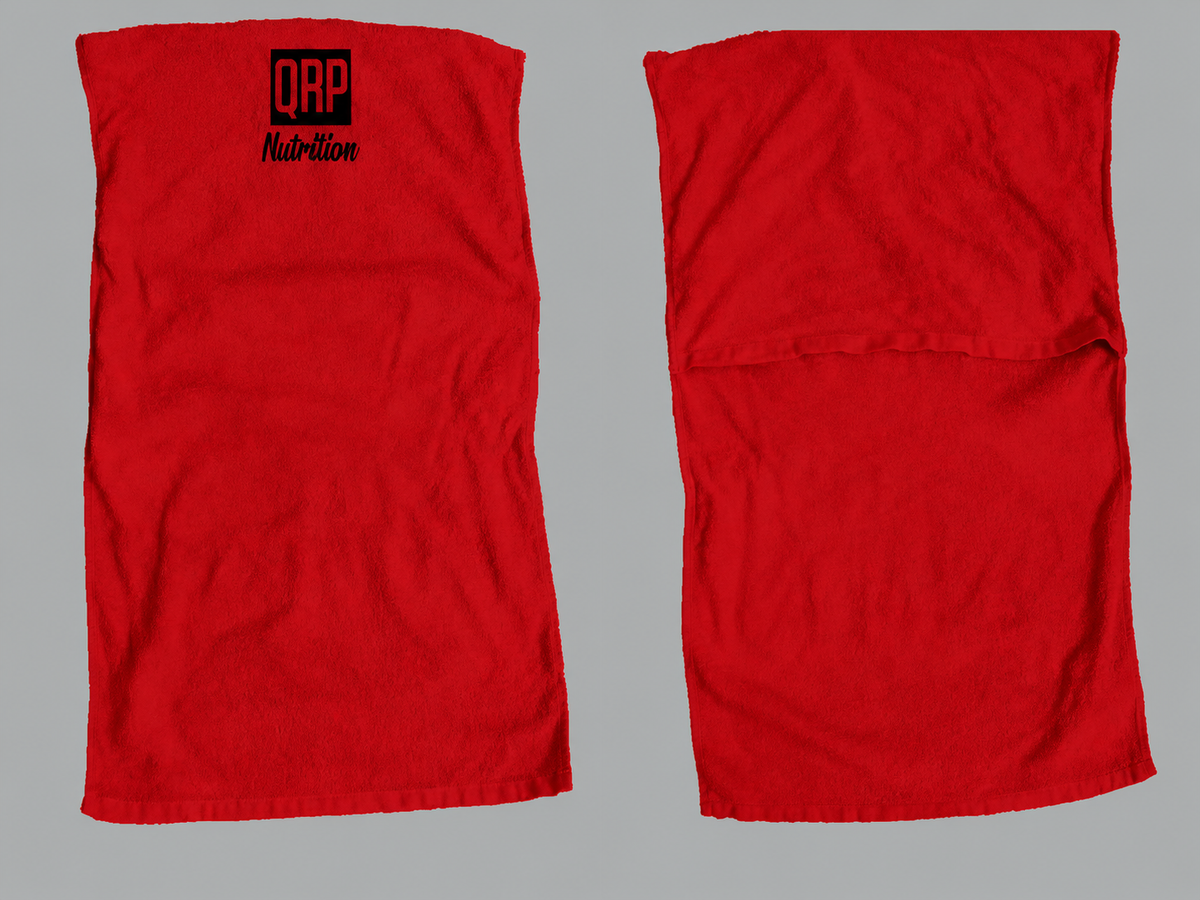 Two red towels shown side by side on a gray background, with the front view on the left featuring a black QRP Nutrition logo and the back view on the right.