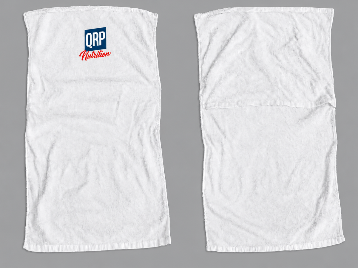 Two white towels shown flat against a gray background, with the front view on the left featuring a blue and red QRP Nutrition logo near the top and the back view on the right.