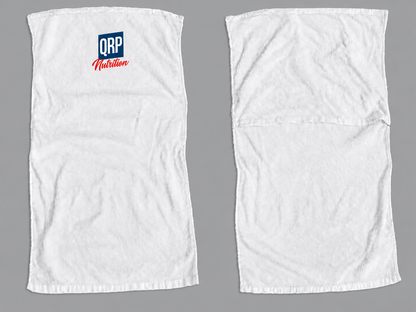 Two white towels shown flat against a gray background, with the front view on the left featuring a blue and red QRP Nutrition logo near the top and the back view on the right.