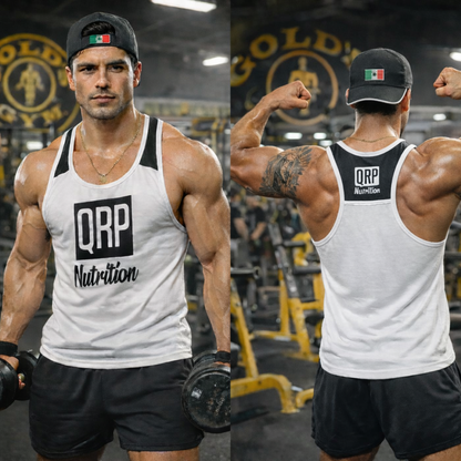 Muscular man in a gym wearing a 'QRP Nutrition' tank top and cap.