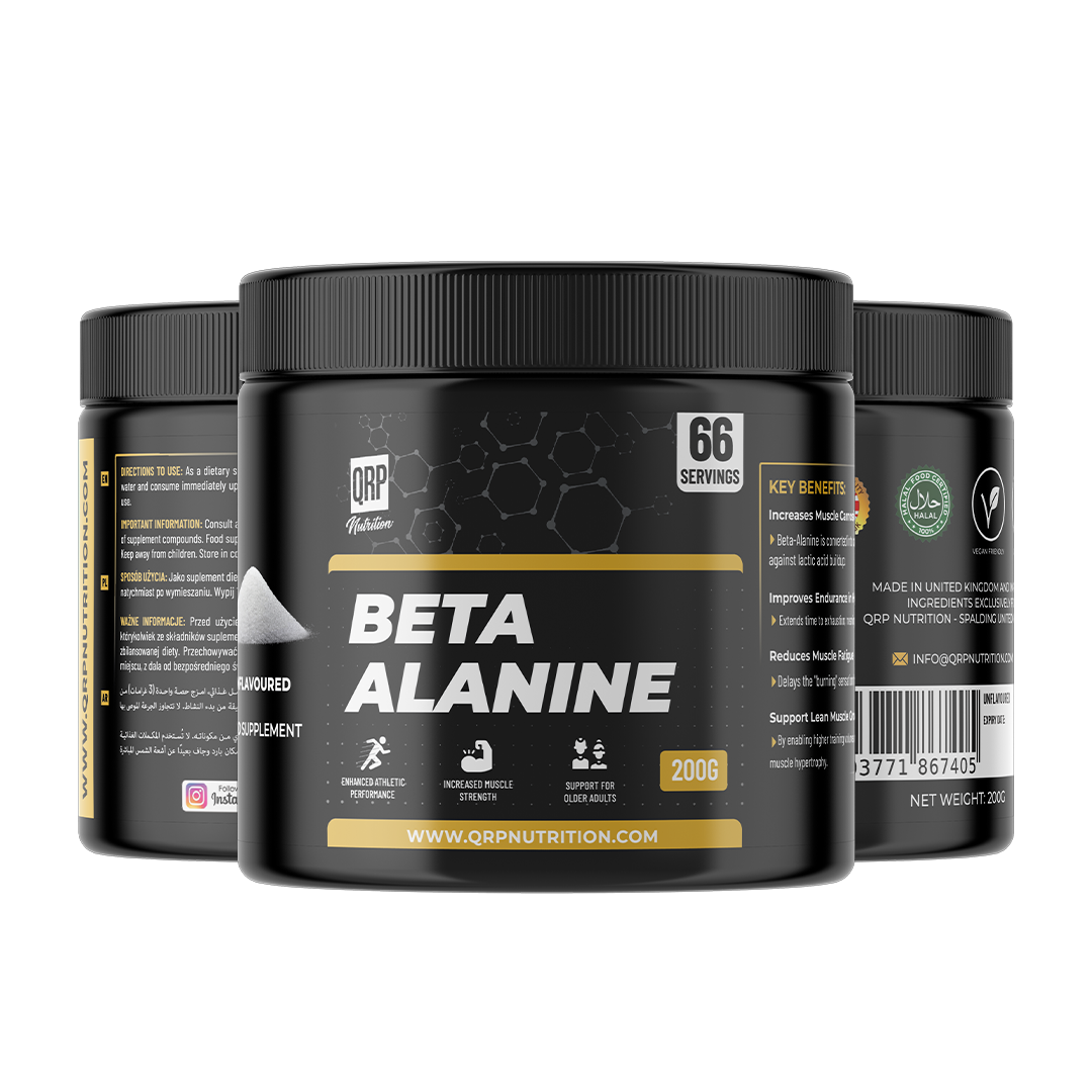 Beta Alanine supplement container with QRN Nutrition branding on a white background