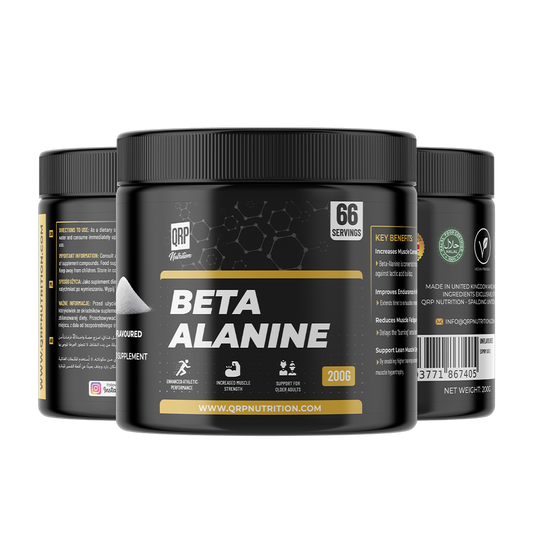 Beta Alanine supplement container with QRN Nutrition branding on a white background