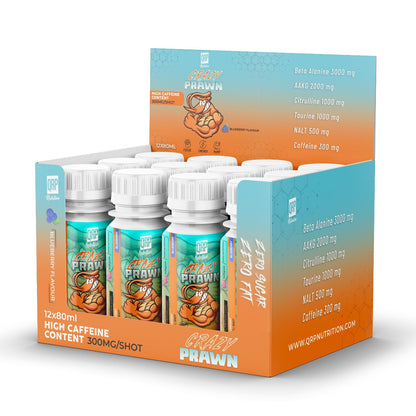 Box of QPHN Nutrition 'Prawn' energy shots with visible branding and product details.