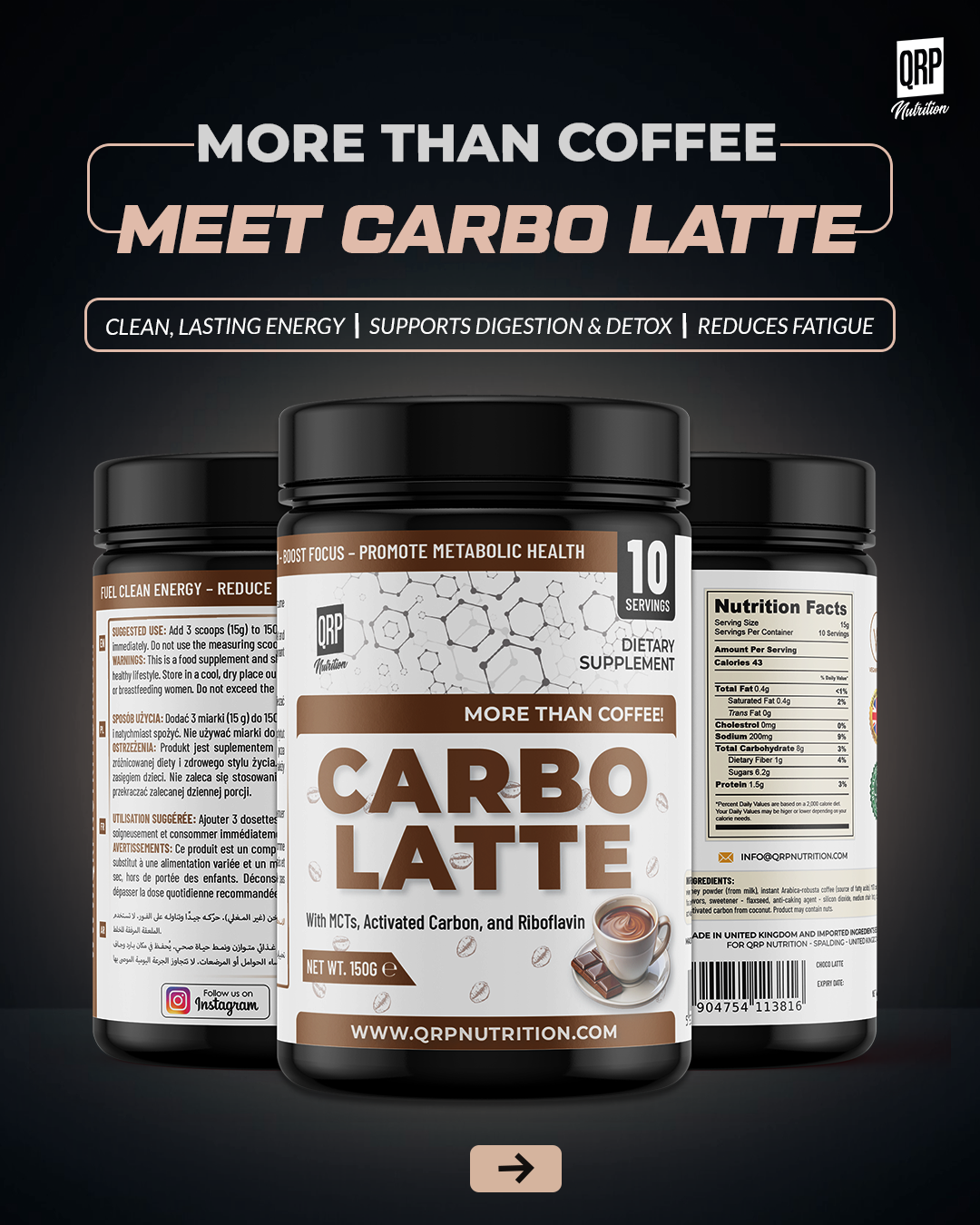 Carbo Latte supplement bottle with QRP Nutrition branding on a dark background