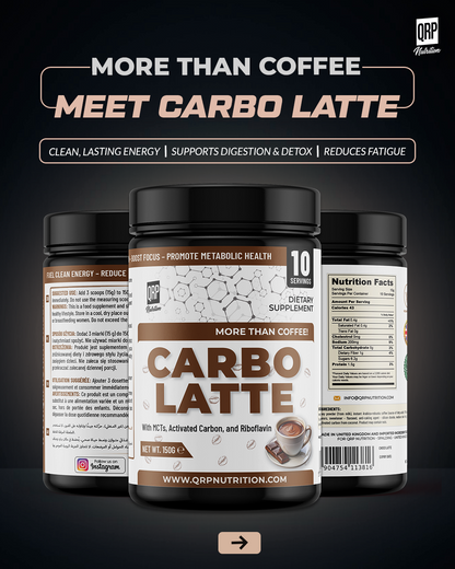 Carbo Latte supplement bottle with QRP Nutrition branding on a dark background