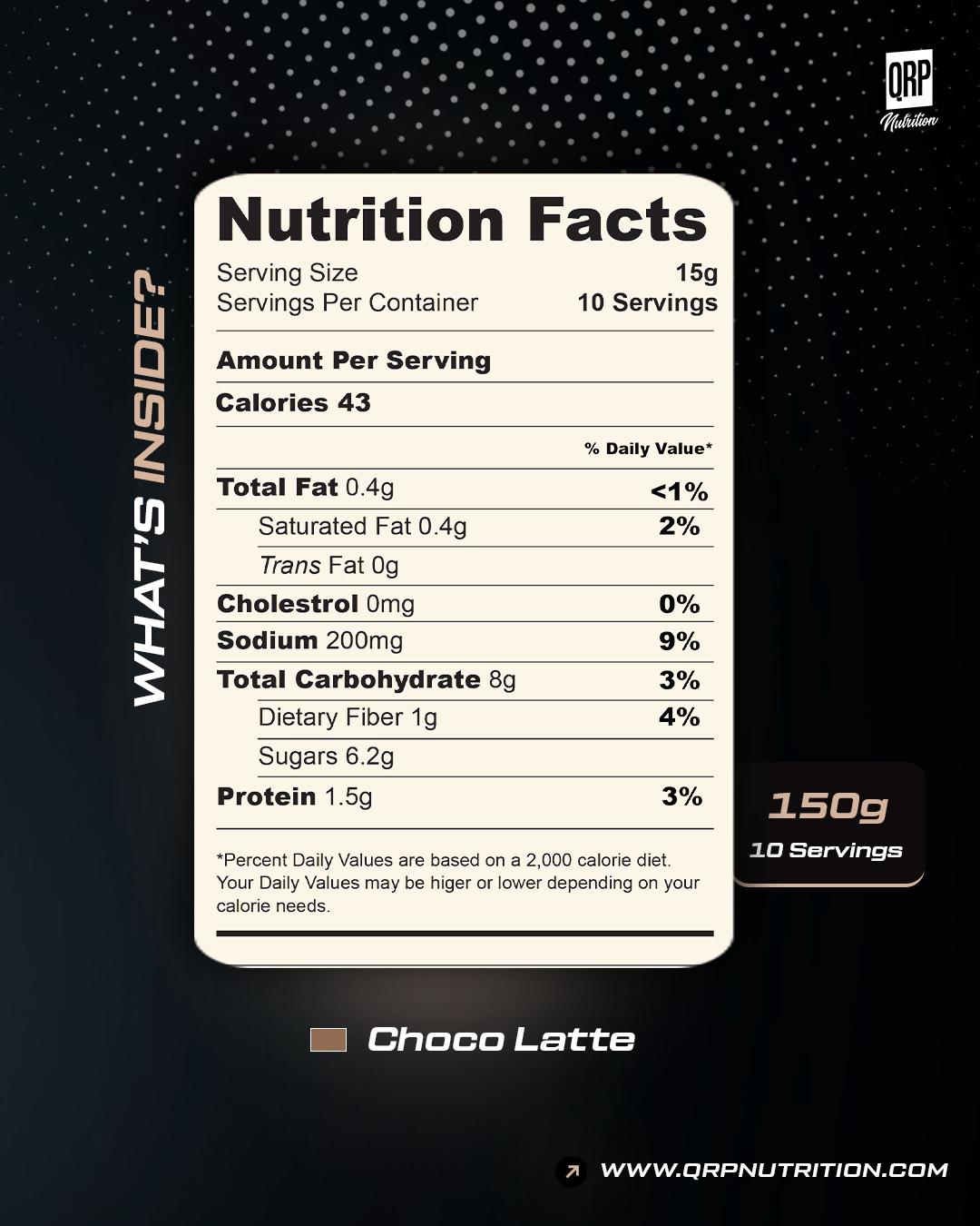 Nutrition facts label for a product with QRP Nutrition branding on a dark background.