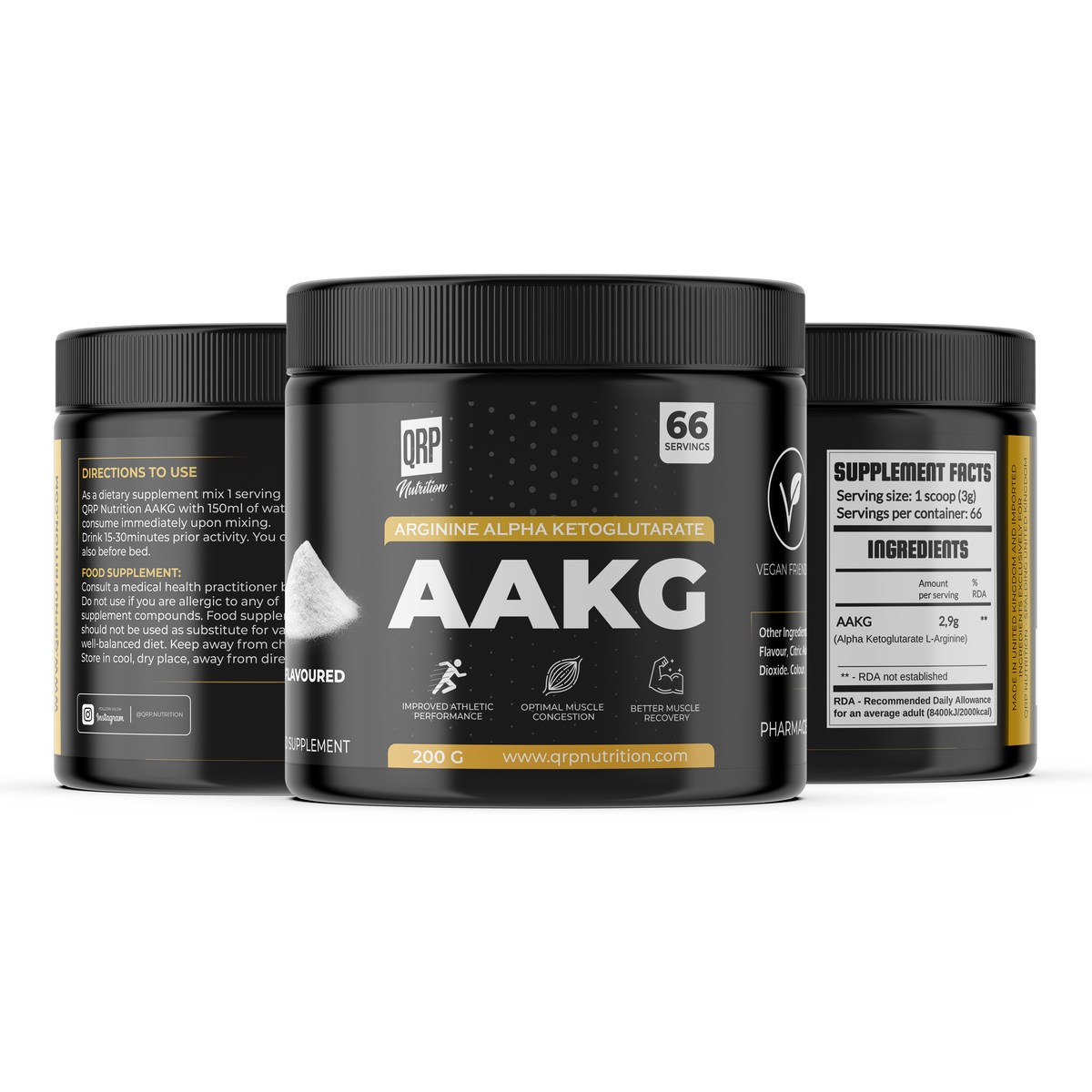 Supplement container labeled AAKG with QRP Nutrition branding on a white background