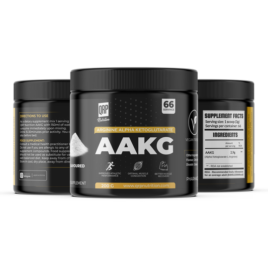 Supplement container labeled AAKG with QRP Nutrition branding on a white background