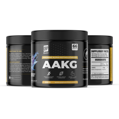 Supplement container labeled AAKG with QRP Nutrition branding on a white background