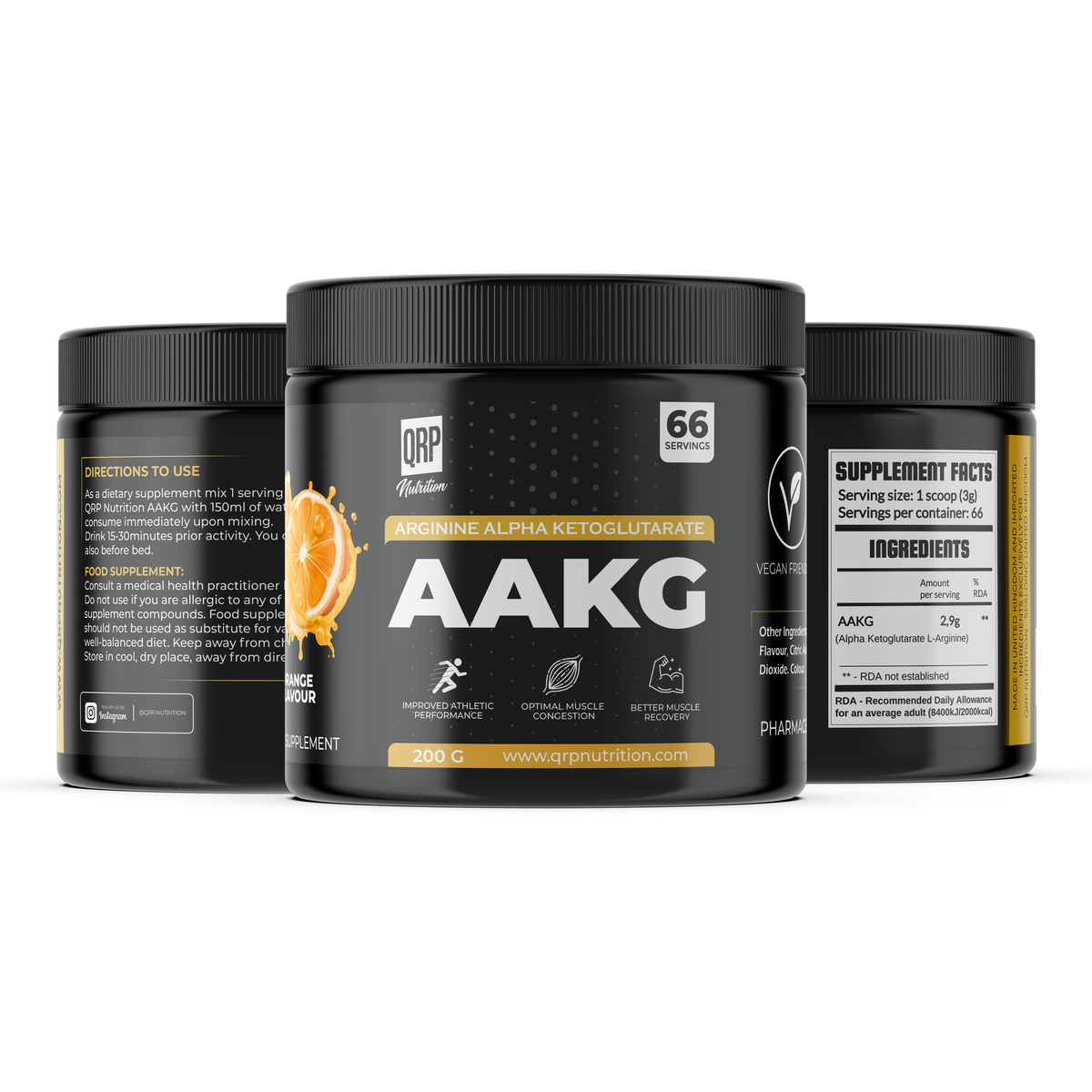 Supplement container labeled AAKG with QRP Nutrition branding on a white background