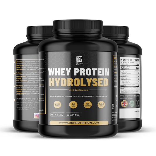 Three bottles of whey protein hydrolysed on a white background