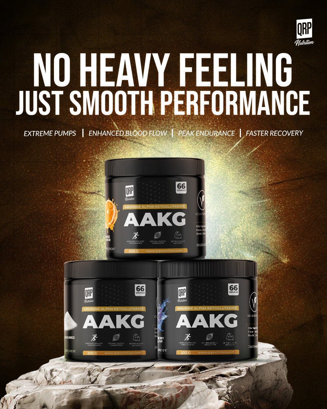 AAKG supplement containers with promotional text on a dark background