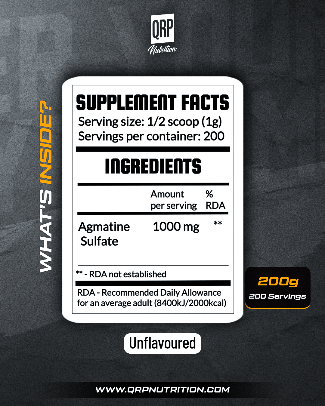 Supplement facts label for QRP Nutrition product on a dark background