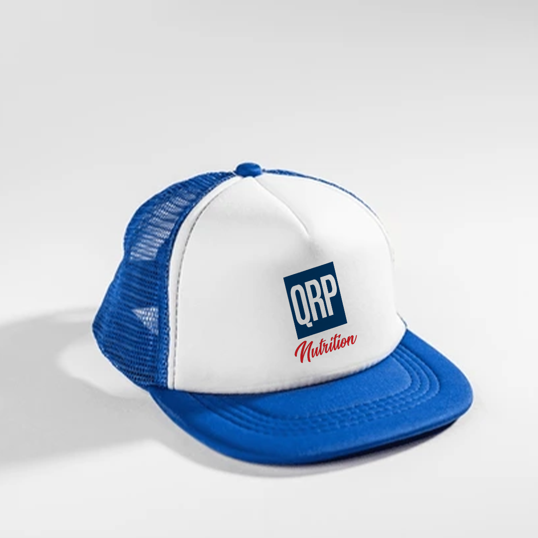 White and blue cap with QRP Nutrition logo on a white background