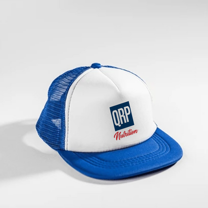 White and blue cap with QRP Nutrition logo on a white background