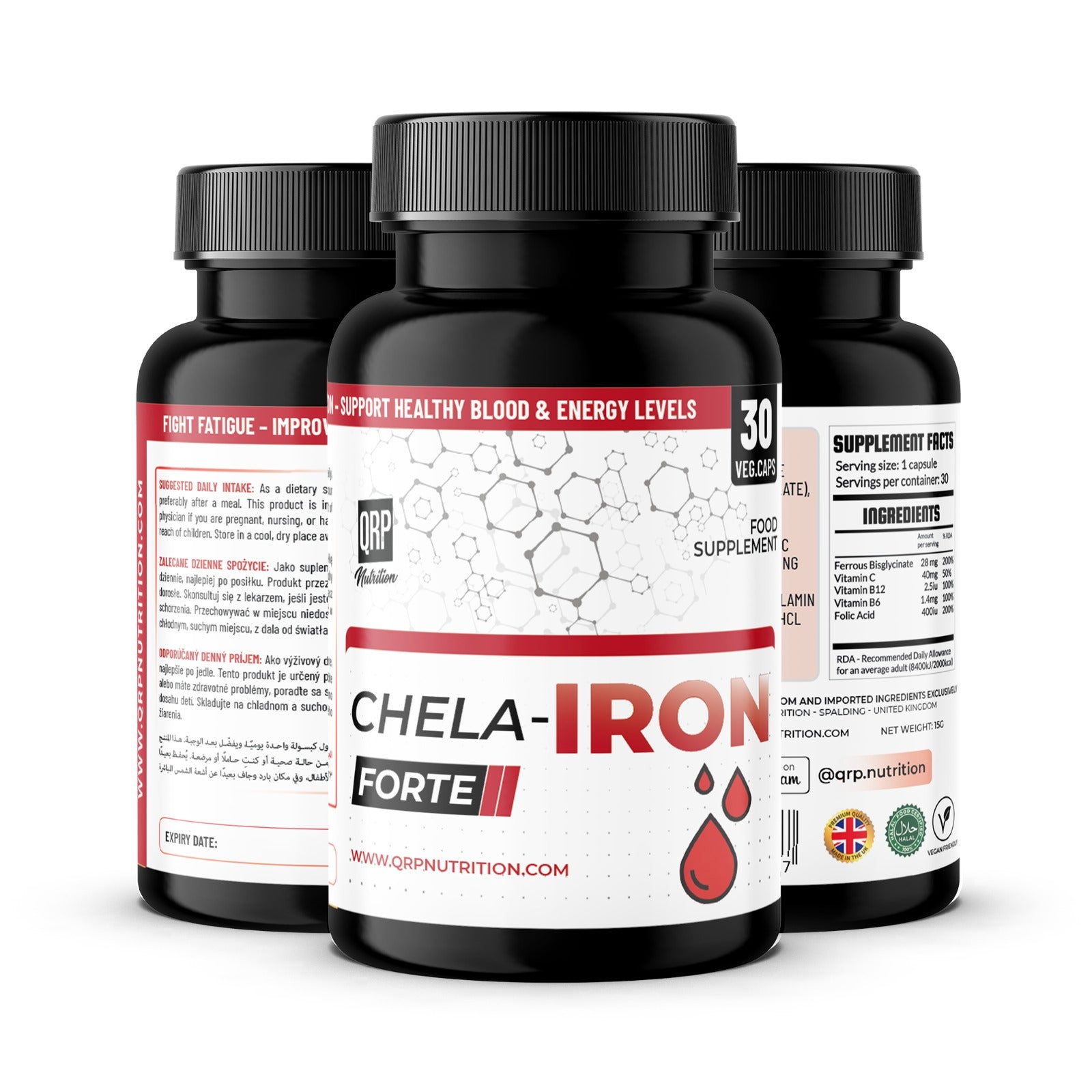 Three bottles of Chela-Iron Forte supplement on a white background mockup